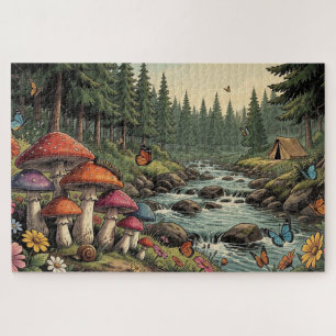 Puzzle Ruisseau capricieux de la forêt avec champignons,