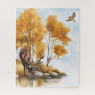 Puzzle Ruisseau de la forêt automnale Cerfs et faucons Na
