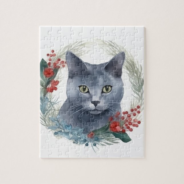 Puzzle Russe Blue Chat Noël Wreath Festive Kitten (Vertical)