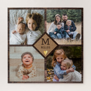 Puzzle Rustic Brown Wood 4 Family Photo Collage Monogramm
