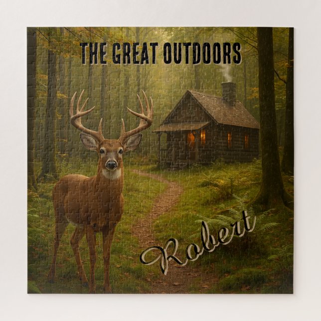Puzzle Rustic Deer Hunting Cabin Forest Signature Name (Vertical)