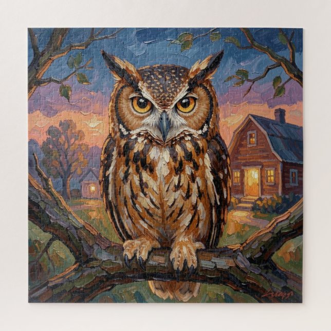 Puzzle Rustic Impasto Great Horned Owl  (Vertical)