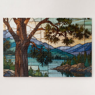 Puzzle Rustic mountain range landscape stain glass 
