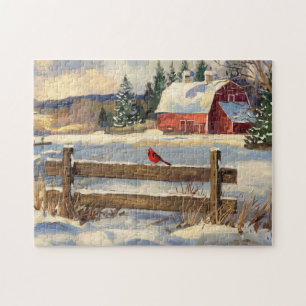 Puzzle Rustic Red Barn Cardinal Bird Farmhouse