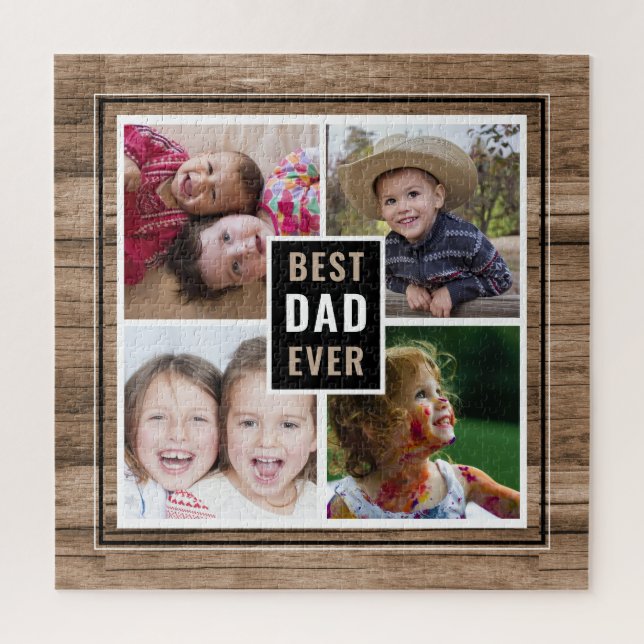 Puzzle Rustic Wood Meilleur papa Ever 4 Collage Photo Fam (Vertical)