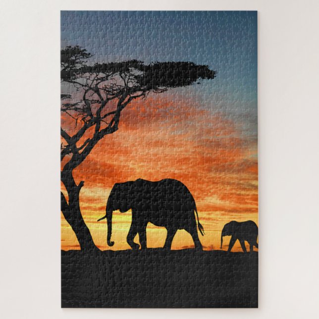 Puzzle Safari Afrique Sunset Elephant Silhouette Art (Vertical)
