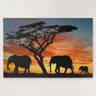 Puzzle Safari Afrique Sunset Elephant Silhouette Art