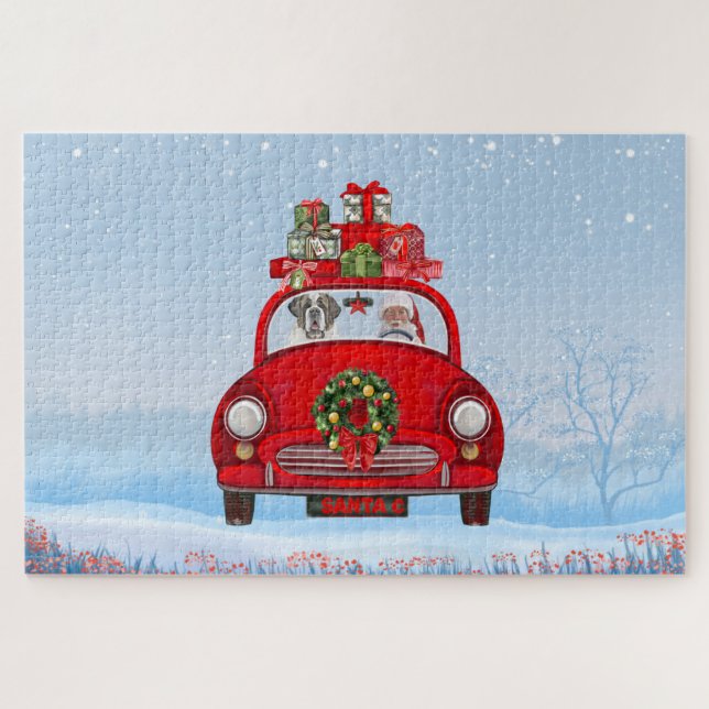 Puzzle Saint Bernard Chien En Voiture Avec Le Père Noël (Horizontal)