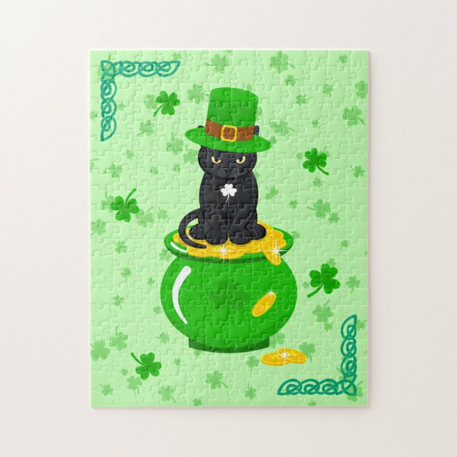 Puzzle Saint Patrick's Day Shamrock Pot of Gold Black Cat (Vertical)