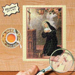 Puzzle Saint Rita avec les abeilles priant à un crucifix
