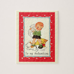 Puzzle Saint-Valentin victorien vintage garçon, chat et c