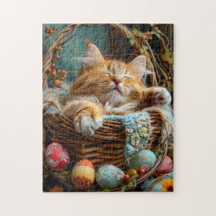 Puzzle Saison de Pâques : joli chat dormant dans un panie