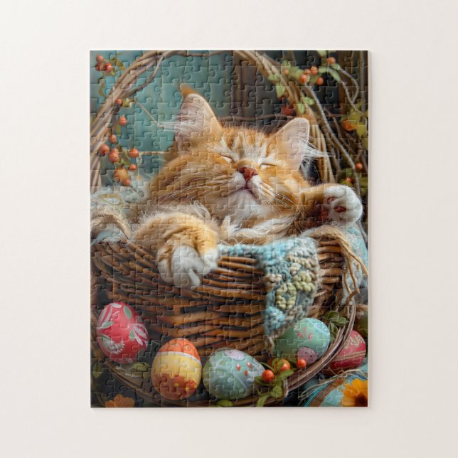 Puzzle Saison de Pâques : joli chat dormant dans un panie (Vertical)