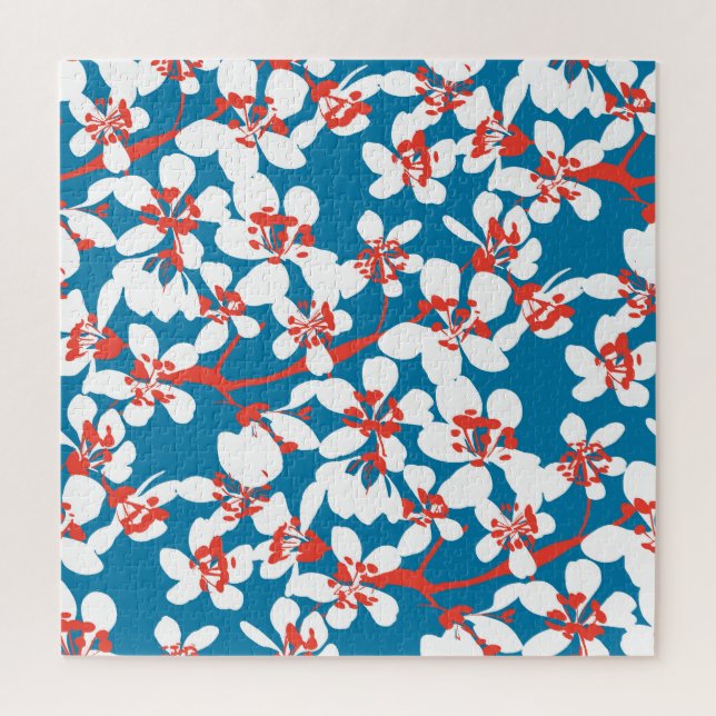 Puzzle Sakura blanc, motif arrière - plan bleu classique. (Vertical)