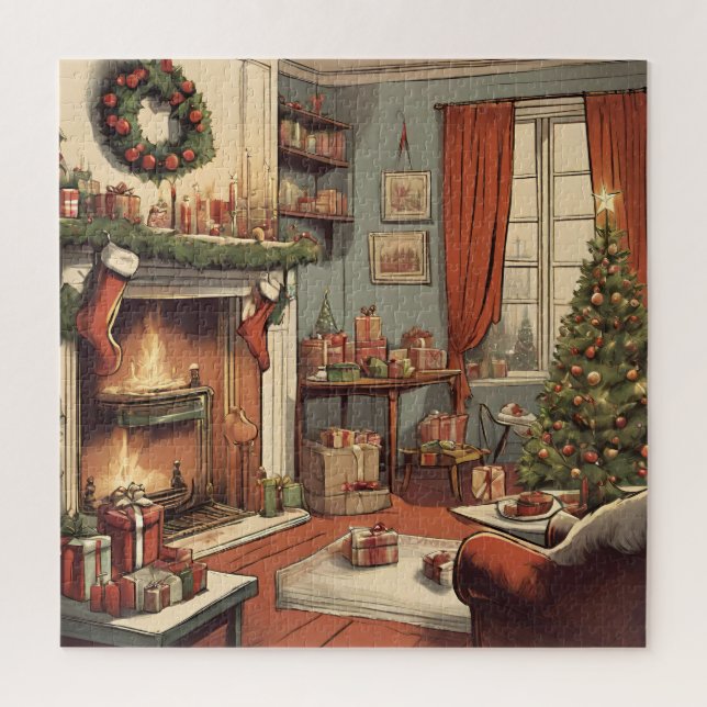 Puzzle Salon de Noël rétro avec sapin de Noël (Vertical)