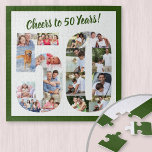 Puzzle Salutations à 50 ans Numéro 50 Photo Collage Carré<br><div class="desc">Dites Cheers to 50 Years avec un puzzle photo personnalisé pour un cadeau unique de 50ème anniversaire. Le modèle photo est configuré pour que vous puissiez ajouter vos photos qui seront affichées sous la forme d'un chiffre 50. Le collage photo a une variété de paysages, photos carrés et portraits, vous...</div>