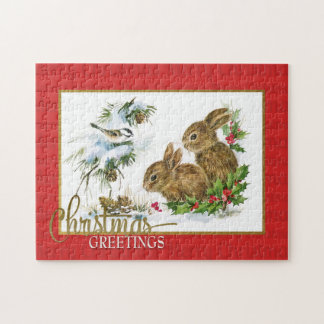 Puzzle Salutations de Noël Rabbits Reproduction Vintage