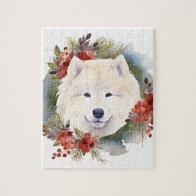 Puzzle Samoyed Christmas Wreath Festive Pup (Vertical)