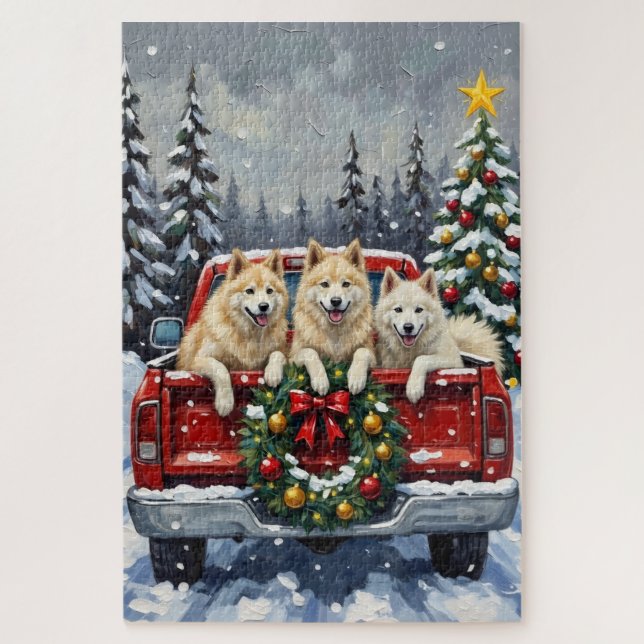 Puzzle Samoyed Noël Camion Rouge Fêtes (Vertical)