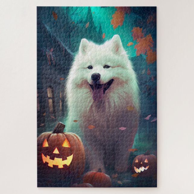 Puzzle Samoyède Halloween avec citrouilles effrayant (Vertical)