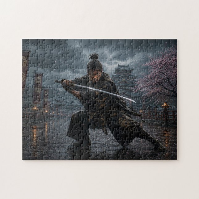 Puzzle Samurái bajo la lluvia — Guerrero japonés con kata (Horizontal)