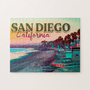 Puzzle San Diego Beach California Watercolor Sunset 60s