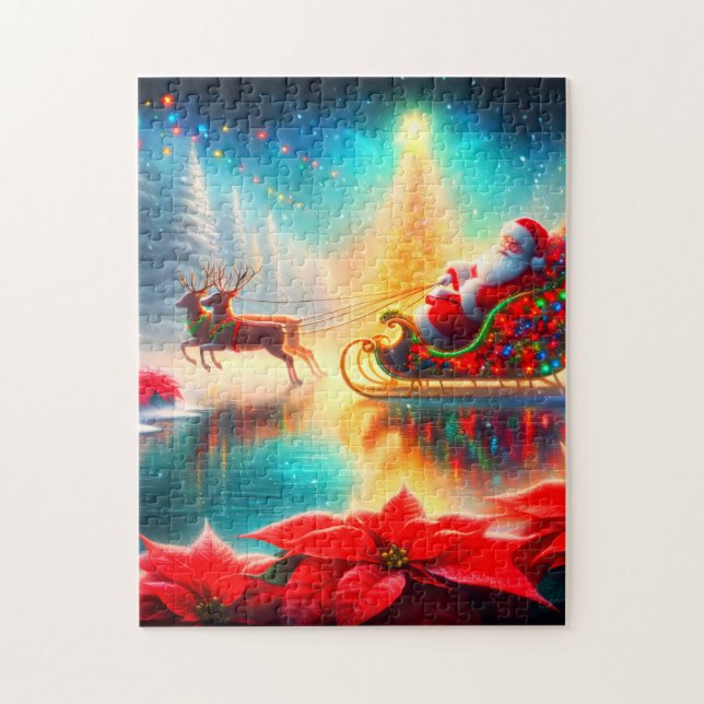 Puzzle Santa and Reindeer on a Frozen Pond on His Sleigh (Vertical)