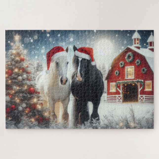 Puzzle Santa Christmas horses on the farm (Horizontal)