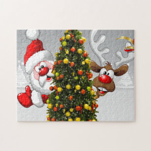 Puzzle Santa claus and reindeer behind a christmas tree.j