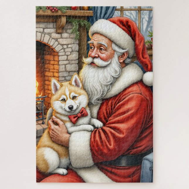 Puzzle Santa Claus Holding American Eskimo Christmas Art (Vertical)