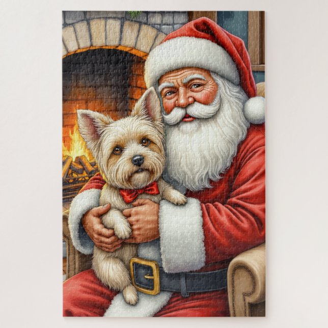Puzzle Santa Claus Holding Cairn Terrier Christmas Art (Vertical)