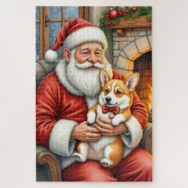 Puzzle Santa Claus Holding Corgi Christmas Art (Vertical)