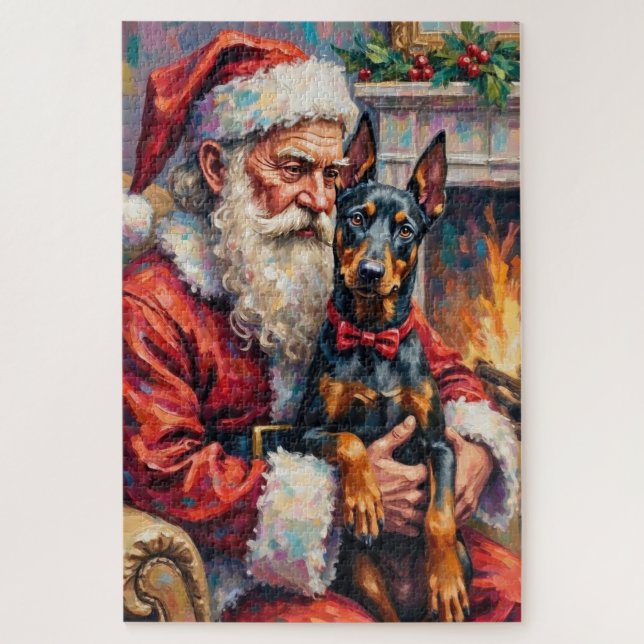 Puzzle Santa Claus Holding Doberman Christmas Art (Vertical)