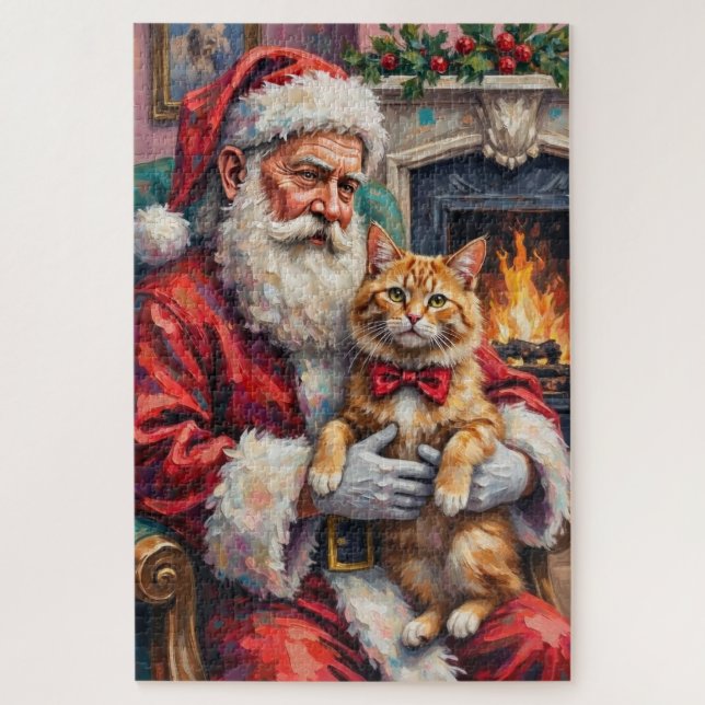 Puzzle Santa Claus Holding Persian Cat Christmas Art (Vertical)