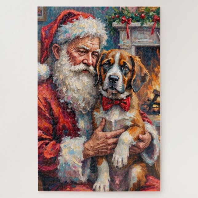 Puzzle Santa Claus Holding Saint Bernard Christmas Art (Vertical)