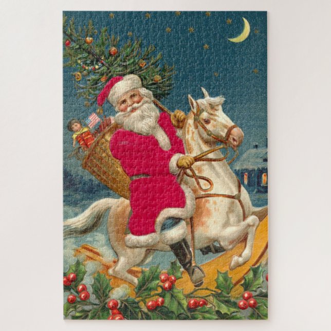 Puzzle Santa Claus on a wooden horse (Vertical)