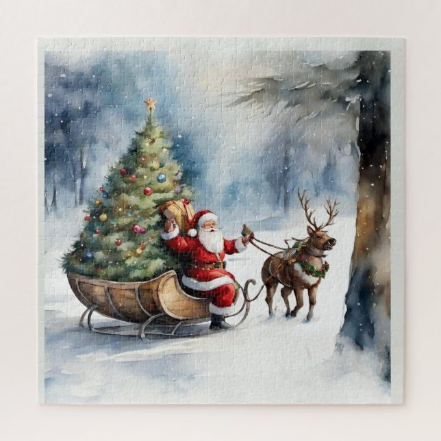 Puzzle Santa Claus Snow Reindeer Sleigh Holiday (Vertical)