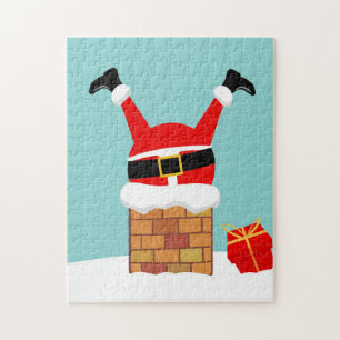 Puzzle Santa Claus stuck in the chimney on the roof