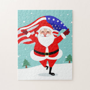 Puzzle Santa running with american flag