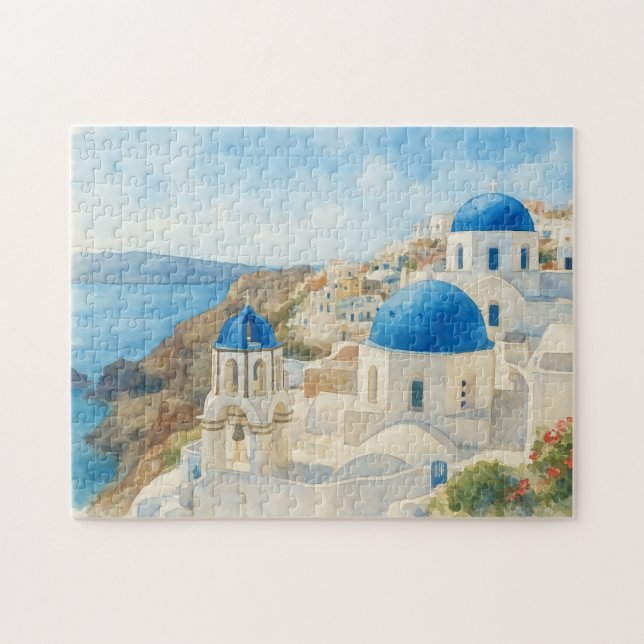 Puzzle Santorin Grèce Aquarelle Art de l'église à dôme bl (Horizontal)