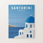 Puzzle Santorin Grèce Vintage rétro<br><div class="desc">Design de voyage rétro Santorin. Santorin est immédiatement reconnaissable à ses bâtiments blanchis à la chaux en forme de cube ornés d'accents bleus,  de falaises escarpées et de couchers de soleil de mandarine qui illuminent le ciel et la mer.</div>