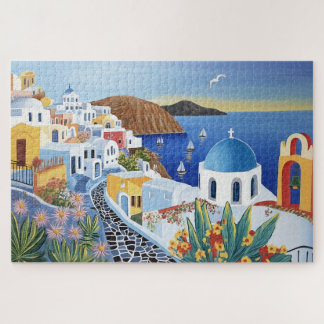Puzzle Santorini Greece Vibrant Watercolor Painting