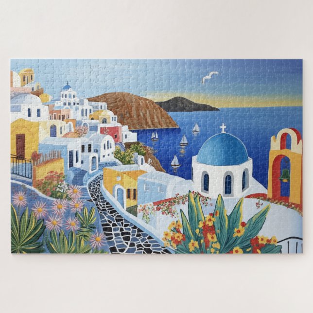 Puzzle Santorini Greece Vibrant Watercolor Painting (Horizontal)