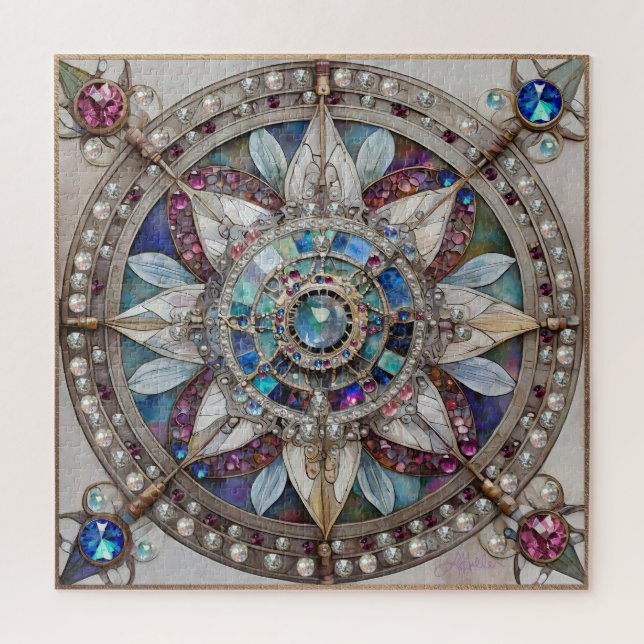 Puzzle Saphirs roses et bleus Diamants Perles Mandala (Vertical)