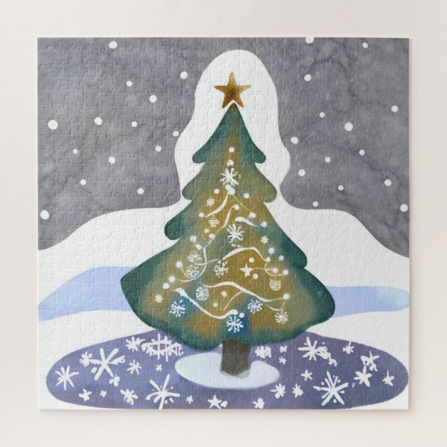 Puzzle Sapin de Noël | Peinture d'hiver à l'aquarelle (Vertical)