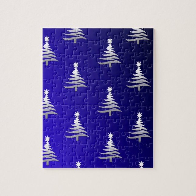 Puzzle Sapins de Noël Argent sur Bleu Cobalt (Vertical)