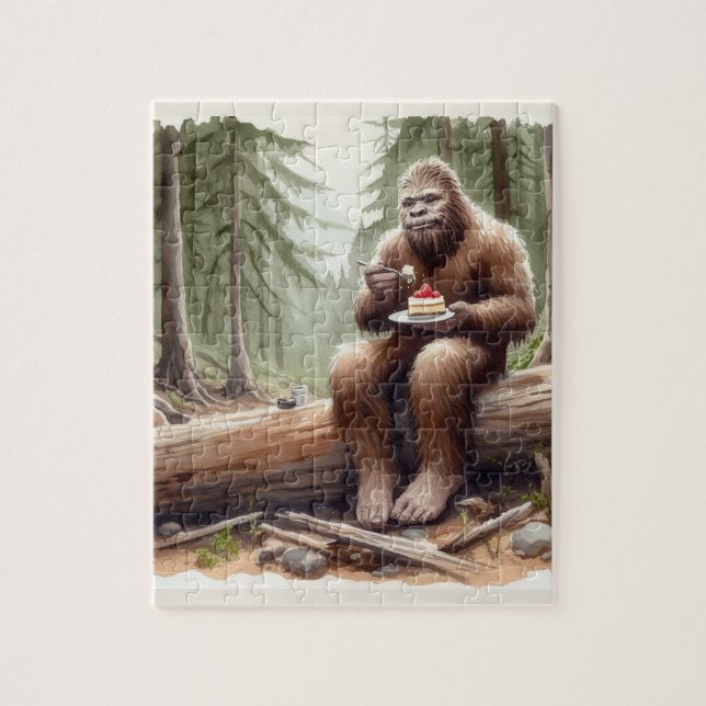 Puzzle Sasquatch dans la forêt de mossy avec un cheesecak (Vertical)