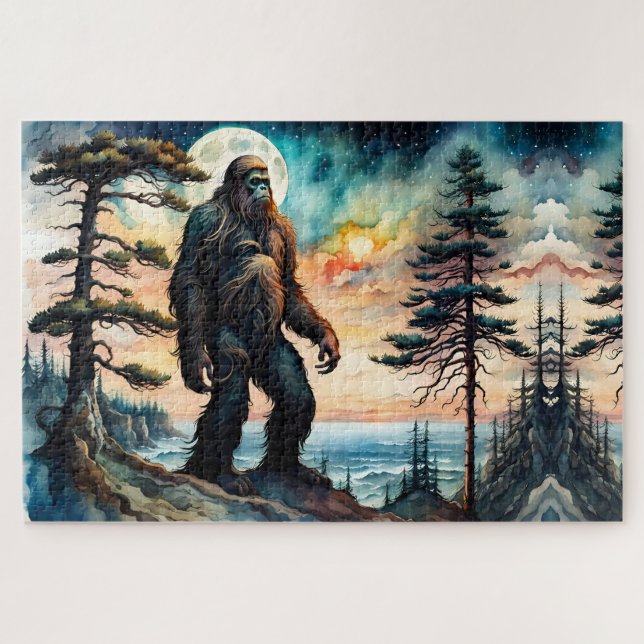 Puzzle Sasquatch debout sur la crête surplombant l'océan (Horizontal)