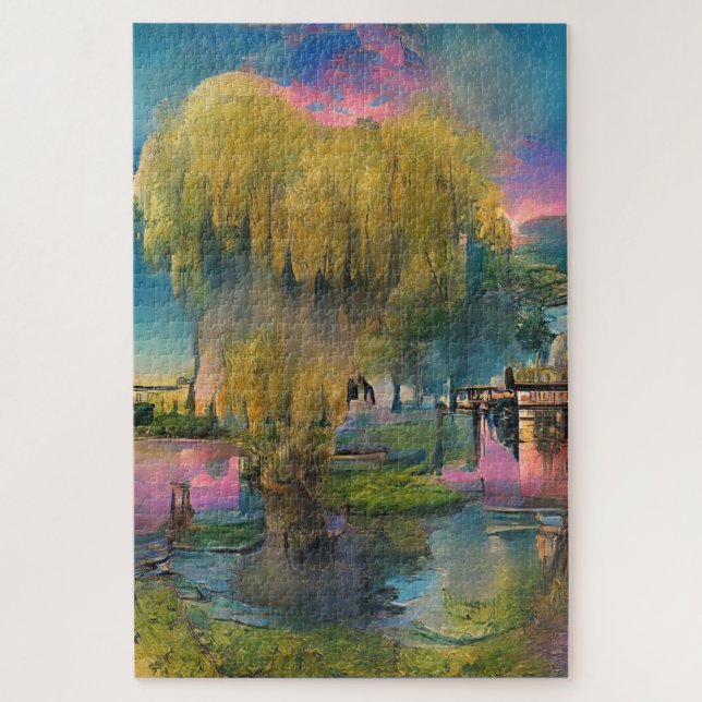 Puzzle Saule au coucher du soleil près de l'étang (Vertical)