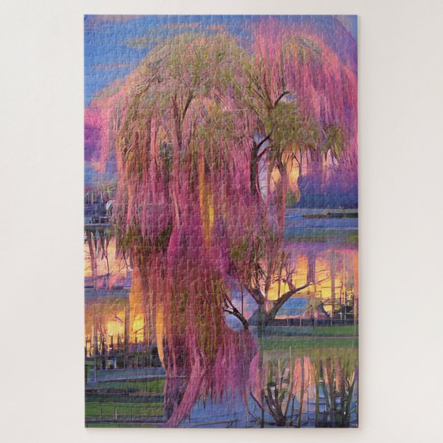 Puzzle Saule rose au coucher du soleil près de l'étang (Vertical)